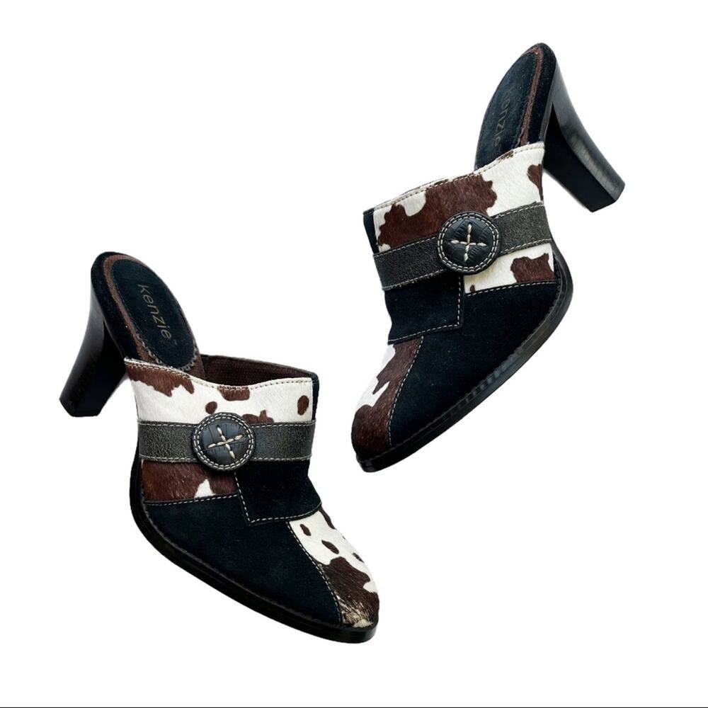 Kenzie Vintage Y2K 90s Patchwork Mule Sandals Calf Hair Cow Print